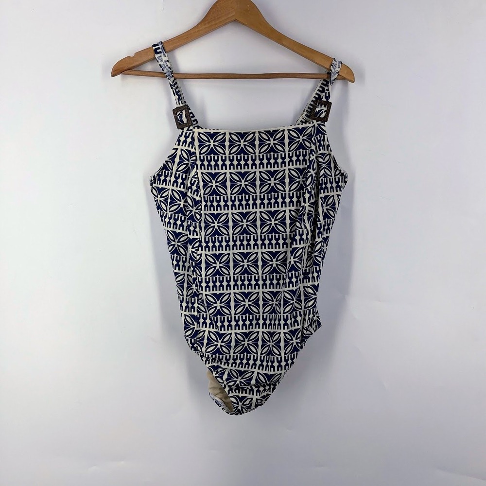 Lands End Womens 16W One Piece Swimsuit Navy Blue White Geometric 346613